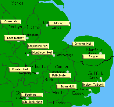 Hotels map of East Anglia and Peak District